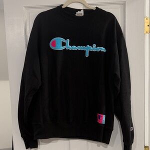 Champion Black Crewneck Sweater with Blue Logo